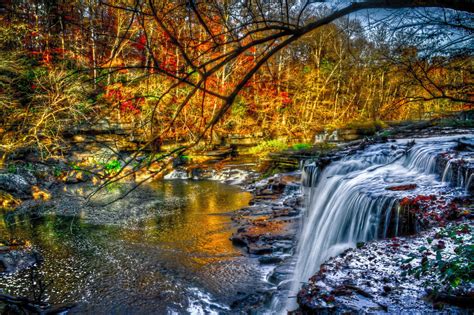 Hd Wallpaper River Shoals Stones Waterfall Forest Tree Yellow Red
