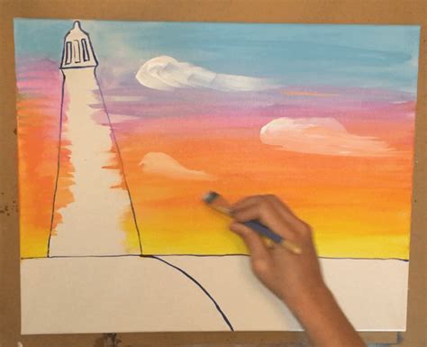 How To Paint A Lighthouse Sunset Tracies Acrylic Canvas Tutorials