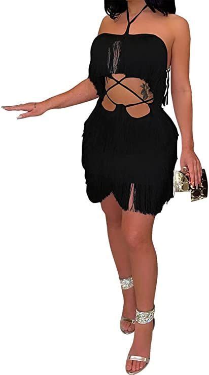 Womens Sexy Halter Neck Tassels Night Out Mini Dress Straps Cocktail