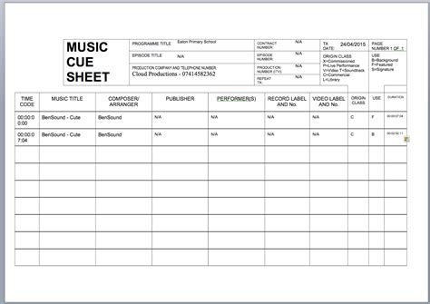 If applicable, the music rights society that manages the rights to the song and the percentage of their. Production Management Project: Music Cue Sheet