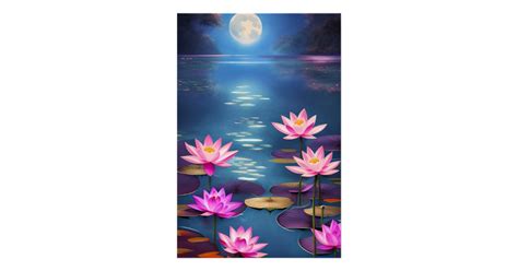 Full Moon And Beautiful Pink Lotus Flowers Poster Zazzle