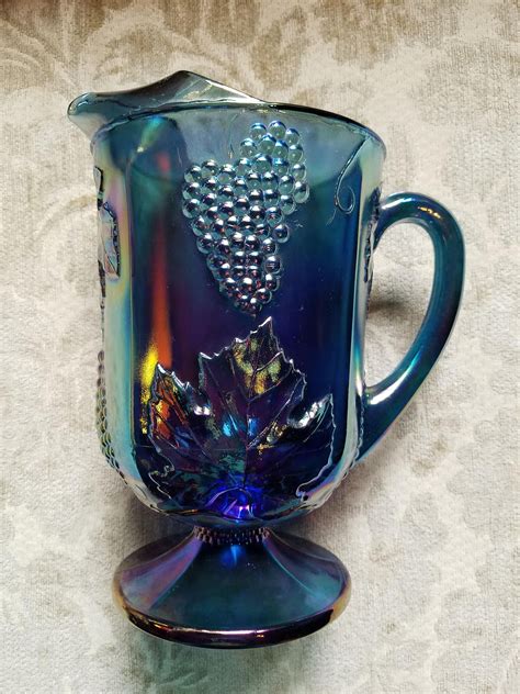 Vintage Carnival Glass Pitcher Indiana Glass Co Blue Amethyst Etsy Carnival Glass Blue