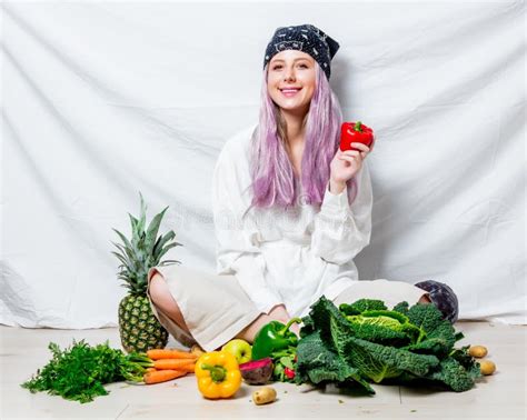 Beautiful Caucasian Vegan Woman With Vegetables Stock Photo Image Of