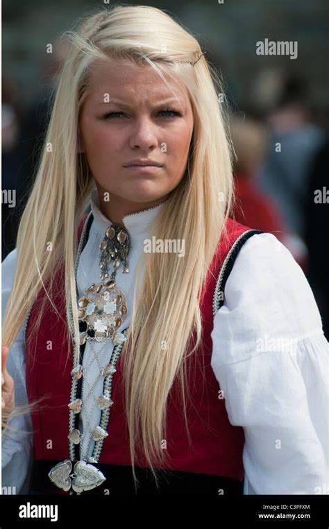 Norwegian Woman Wearing A Bunad For The Celebrations Of The National