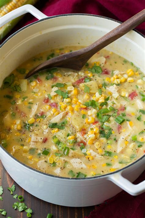 This chicken corn chowder has bite sized pieces of chicken, diced potatatoes, corn, and peppers in a cheesy broth topped with cheese and crumbled bacon. Coconut Chicken Corn Chowder - Cooking Classy