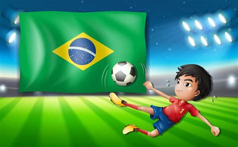 Boy Soccer Player Infront Of Brazil Flag 444478 Vector Art At Vecteezy