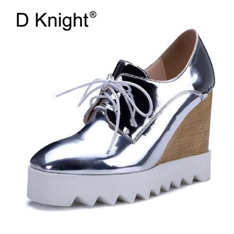 Women Bling Patent Leather Oxfords 2017 Wedges Ladies Casual Platform
