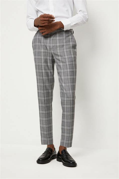 Suits Skinny Fit Grey Textured Check Suit Trousers Burton