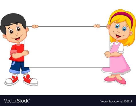 Vector Illustration Of Cartoon Boy And Girl Holding Blank Sign