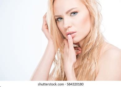 Portrait Sensual Naked Woman Makeup Finger Stock Photo