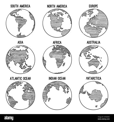 Earth Globe Doodle Planet Sketched Map America India Africa Continents