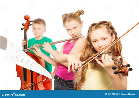 Kids Play Musical Instruments On White Background Stock Image Image