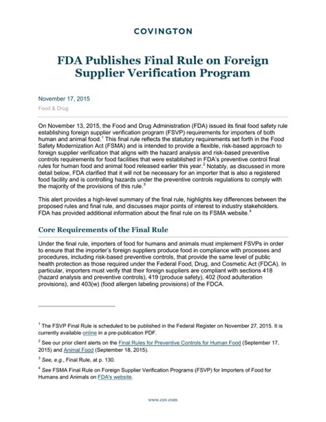 Fda Publishes Final Rule On Foreign Supplier Verification Program