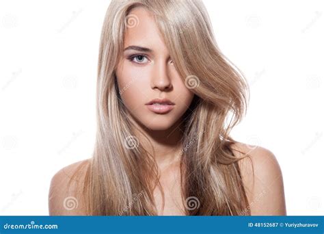 Beautiful Blond Girl Healthy Long Hair White Background Stock Image