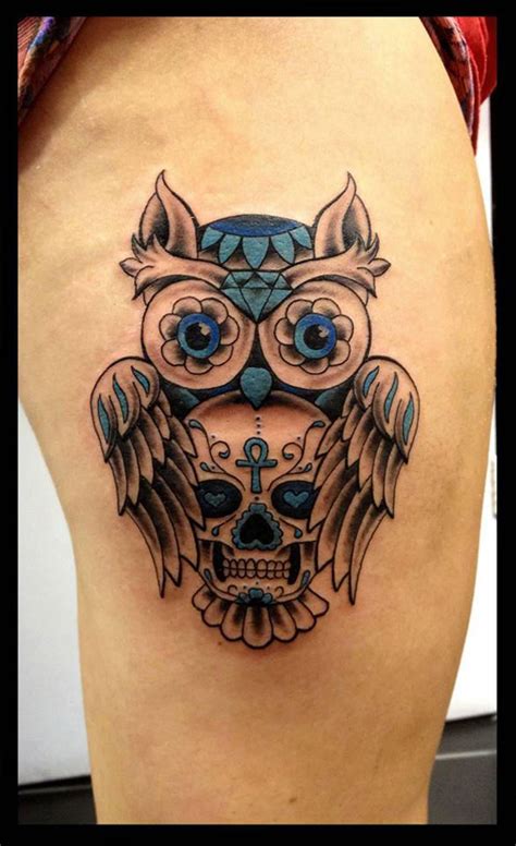 Owl And Skull On Girls Thigh Best Tattoo Design Ideas