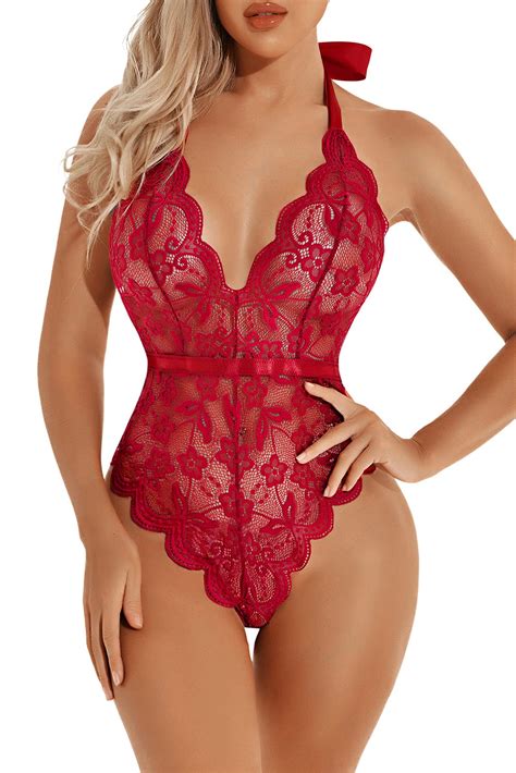 buy women s sexy deep v floral lace bodysuit halter one piece lingerie teddy underwear online at