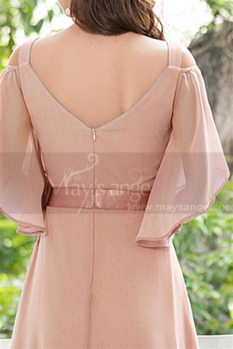 Long Chiffon Elegant Pink Dresses For Wedding Guests With Ruffle Sleeves