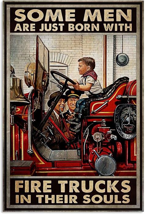 Firefighter Poster Metal Tin Sign Some Boys Are Born With Fire Trucks