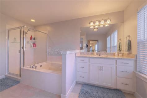Modern Spacious White Luxury Bathroom Inter Bright Interiorior Stock