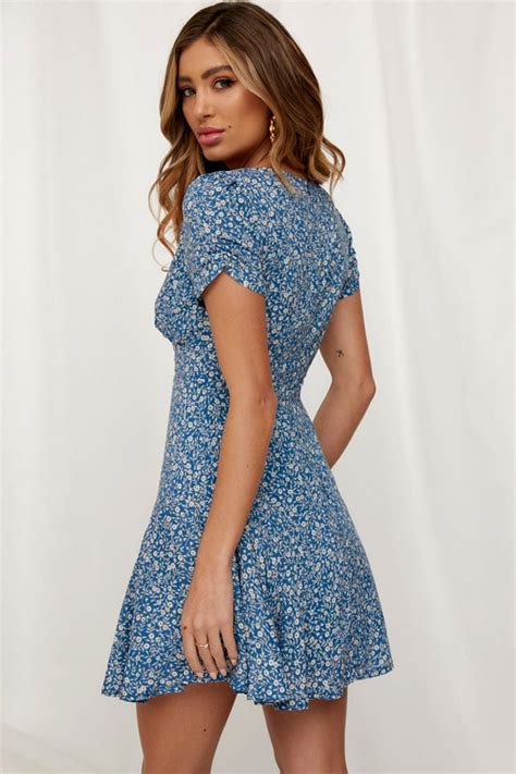Ditsy Floral Short Sleeve V Neck Mini Summer Dress Blue Rosedress