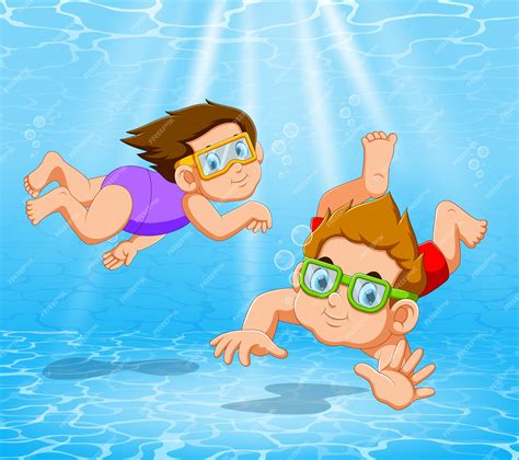 Мальчик и девочка играют и плавают в бассейне под водой Премиум векторы