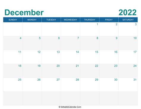 Editable December Calendar 2022