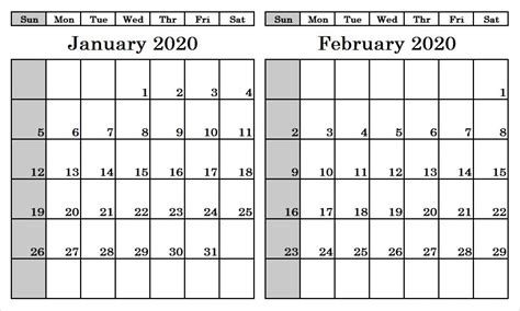 Blank January February 2020 Calendar