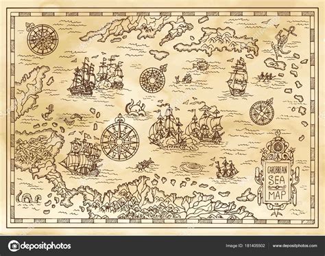 Ancient Pirate Map Caribbean Sea Ships Islands Fantasy Creatures Pirate