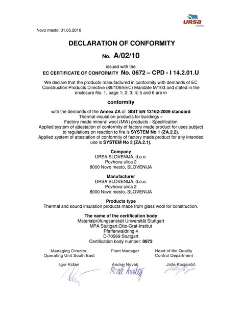 Certificat De Conformitate A0210 Certificare Produs Engleza