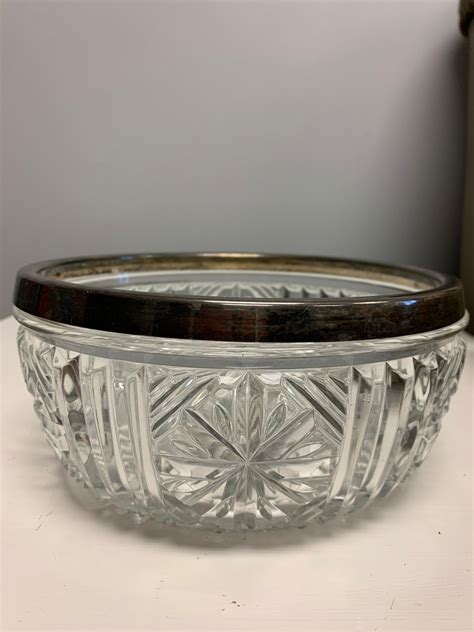 Vintage Clear Cut Glass Bowl With Silver Rim Made In England Etsy