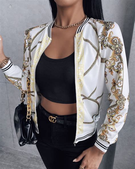 Long Sleeve Printed White Binding Casual Jacket Online Discover