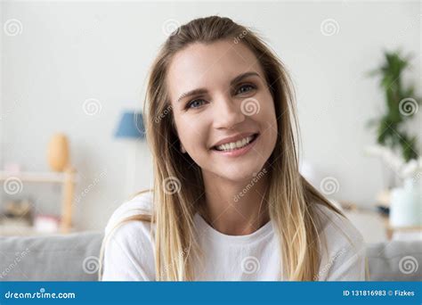 Headshot Portrait Of Smiling Friendly Millennial Woman Looking A Stock
