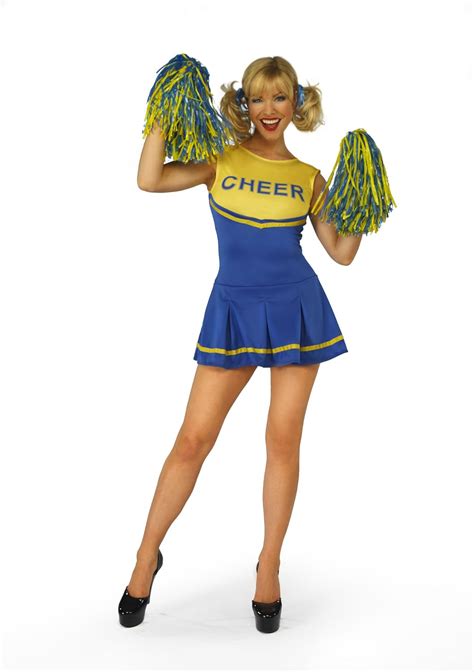Sofias Closet Ladies Womens Cheerleader Sexy Fancy Dress Pom Poms Full Outfit Blue Yellow