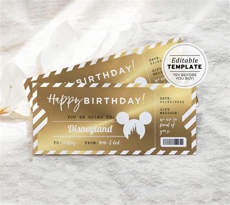 Printable Theme Park Gold Ticket Birthday T Template Surprise T