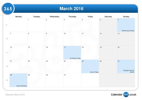 Calendar March 2016