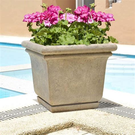 Mpg 24 In Square Cast Stone Fiberglass Planter With Attached Saucer In