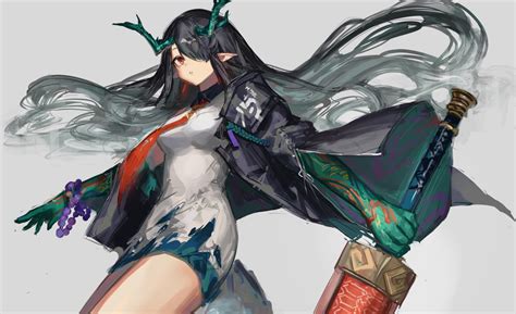 arknights black hair dress dusk arknights gray horns long hair nashidrop orange eyes pointed