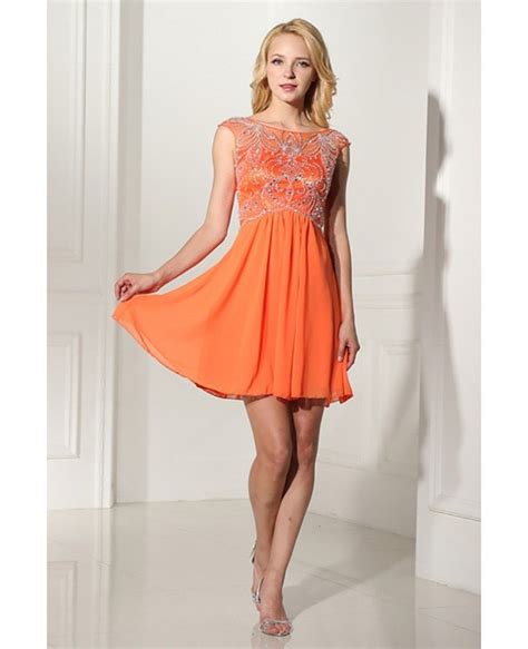 Modest Short Orange Graduation Dress With Beading Bodice H76112
