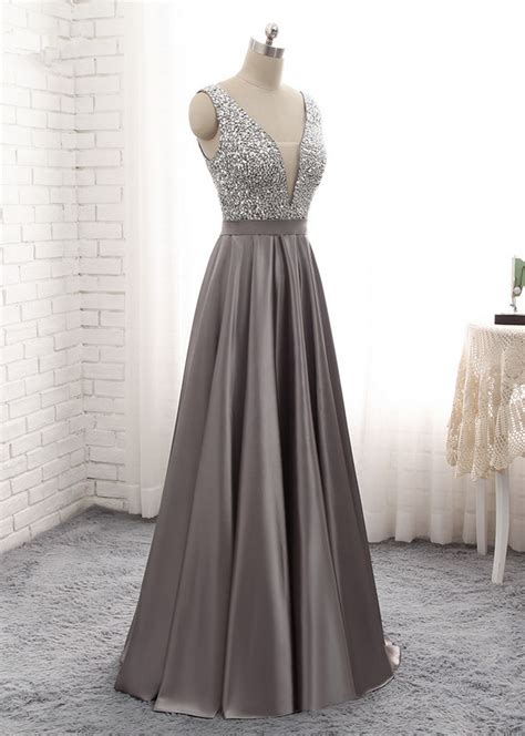 Luxury Long A Line Evening Dresses Sexy Gray Satin Beaded Vestido De