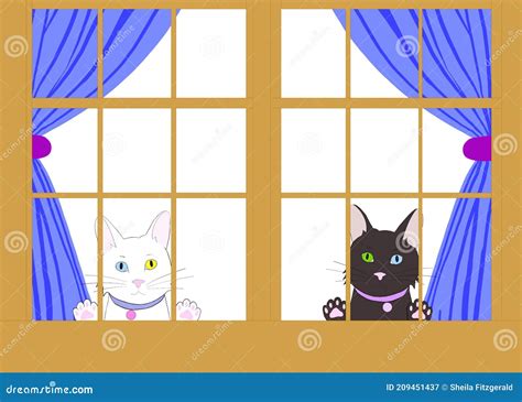 Illustration Drawing Of A White And A Black Cat Looking Out Window With