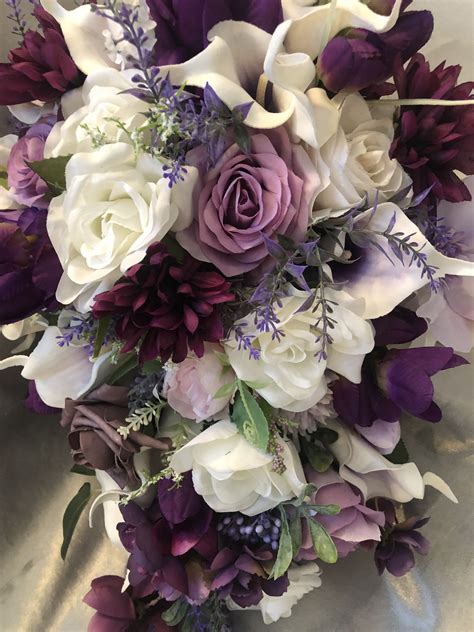 cascading wedding bouquet purple white bouquet spring etsy purple wedding bouquets spring