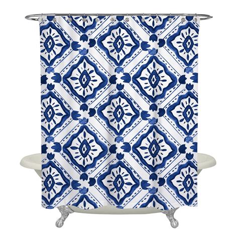 Navy Moroccan Tile Shower Curtain Print Fabric Bathroom Decor Etsy