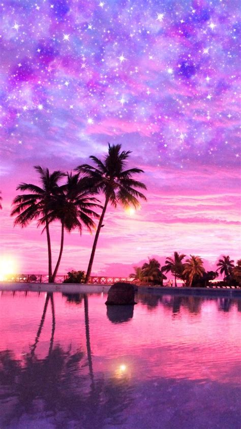 Palm Trees Are Reflected In The Water At Sunset On A Tropical Island
