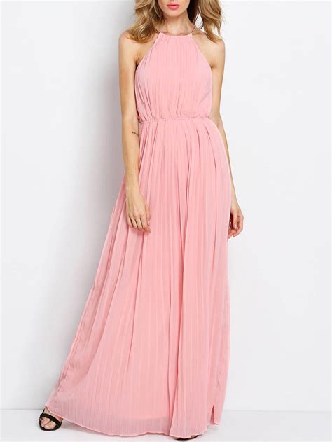 Pink Sleeveless Halter Pleated Maxi Dress Sheinsheinside