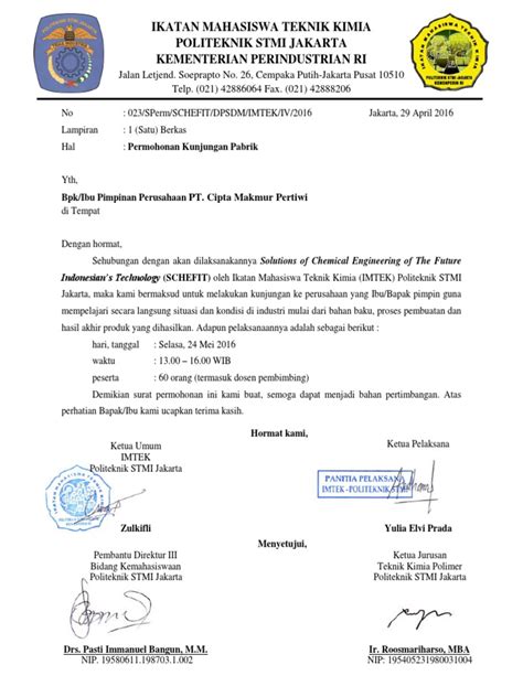 Contoh surat sokongan permohonan biasiswa. Surat Permohonan Kunjungan Pabrik