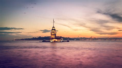 Istanbul Turkey Maidens Tower Bosphorus Sea Building Sunset