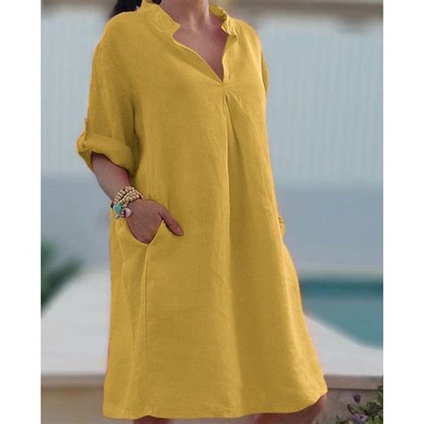 Plus Size Vintage V Neck Beach Linen Dress Women Summer Solid Bohemian