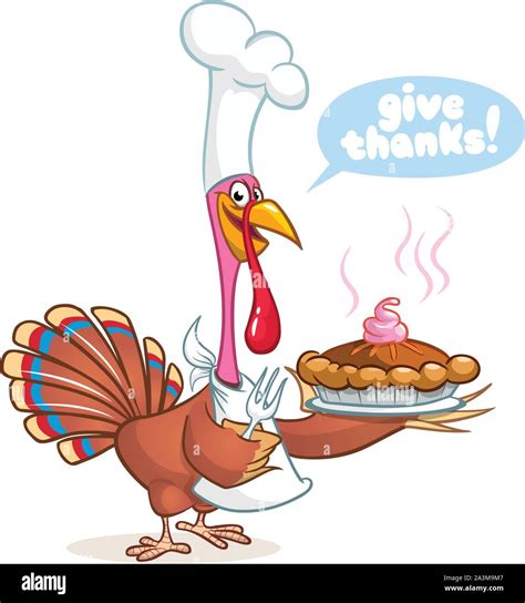 Thanksgiving Cartoon Turkey Bird Holding Fork And Pie Vector