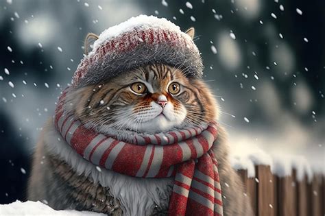 Premium Photo Funny Cat In A Snowy Environment With A Scarf And Santa Hat