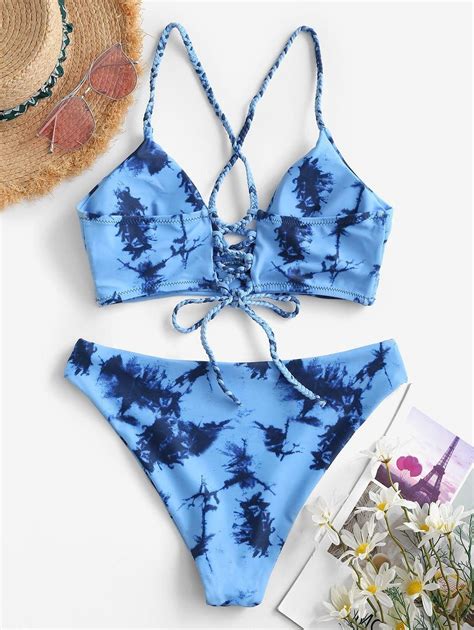 Tie Dye Bikinis Mujer Zaful Bikini Con Cordones De Tie Dye Azul S